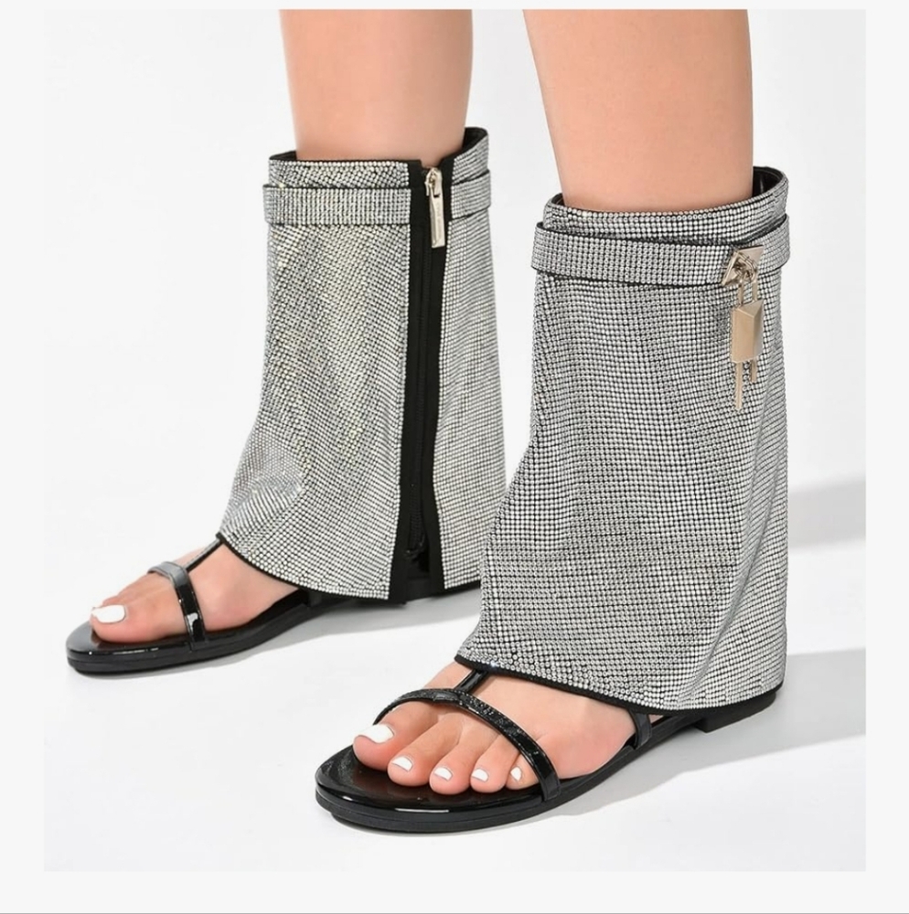 CAPE ROBBIN Carami Round Toe Fold Over Shiloha Rhinestone Flat Sandals ~ Black - Picture 4 of 17